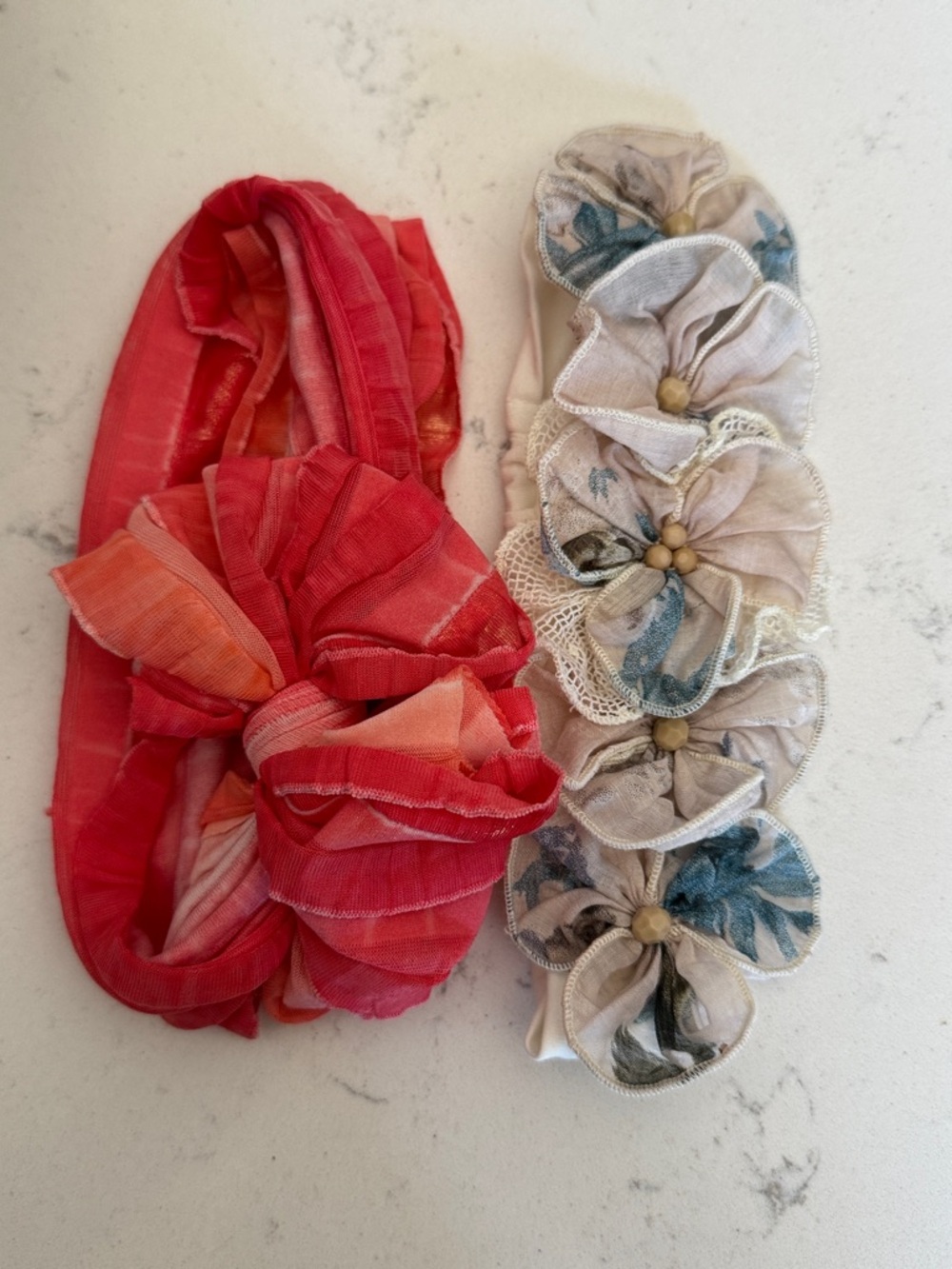Baby Toddler Girl Floral Fabric Headbands - Coral and Cream Bows